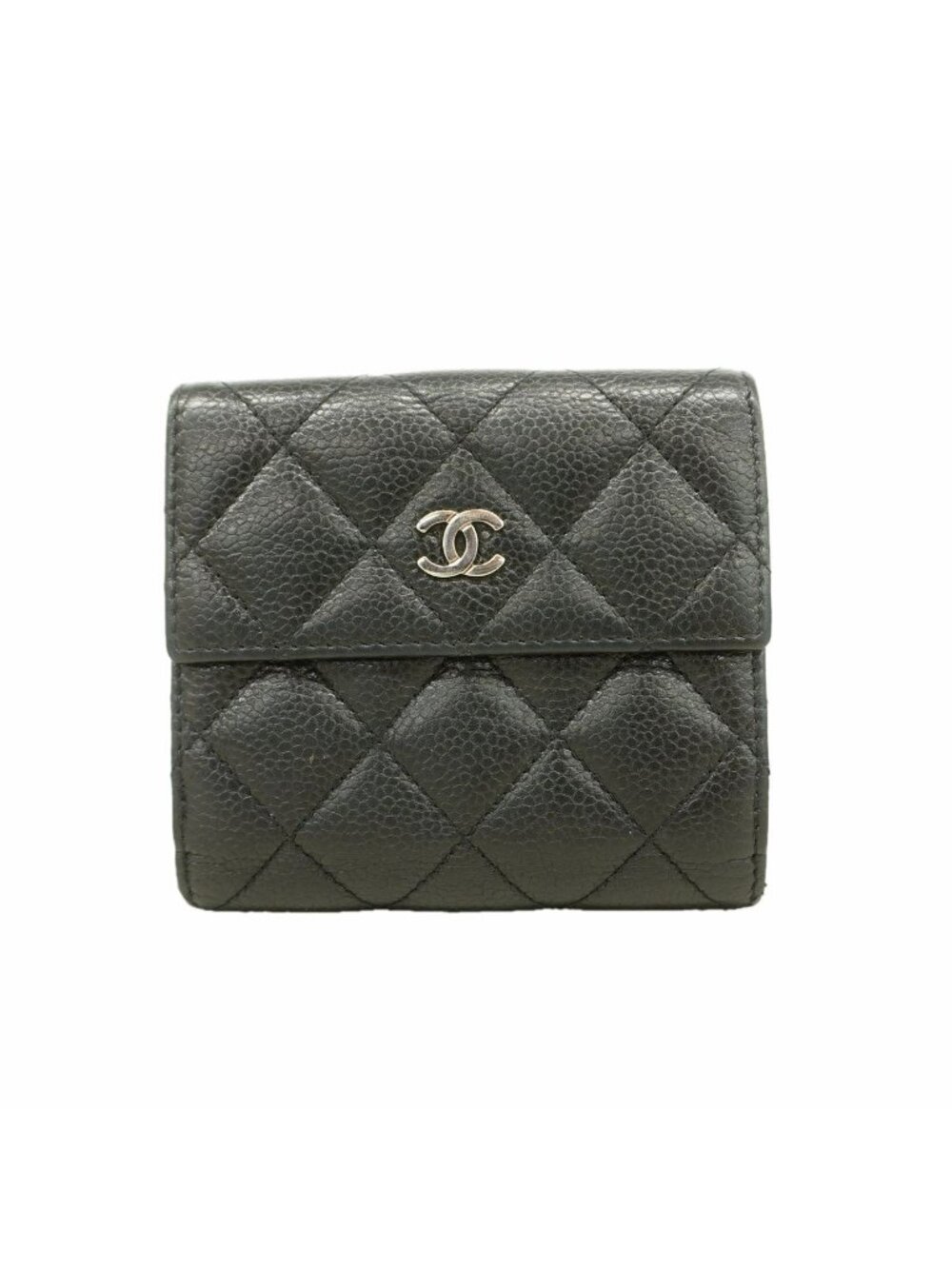 Chanel Wallet Quilted Caviar Leather Black Silver